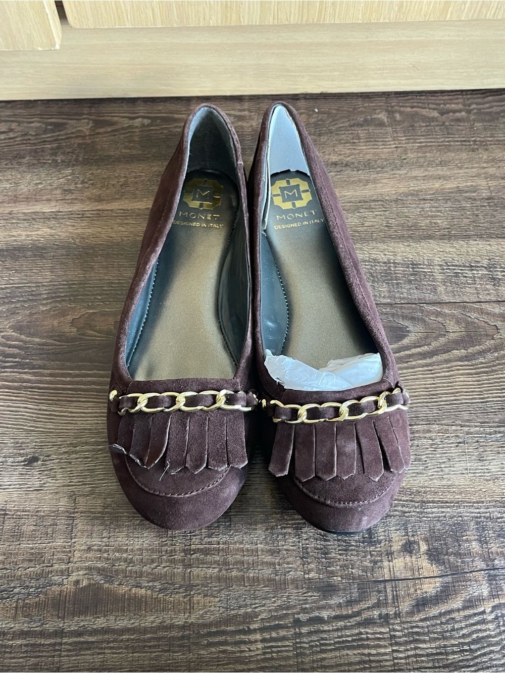 MONET Women Brown Suede Ballet Flats Gold Links Size 8M NEW